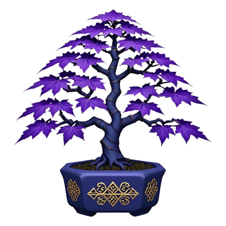  small short cascading black indigo bonsai pot plant purple  filigree-leaf maple tree with triangular angular multi-hexagon faceted asymmetrical originally shaped pot sticker