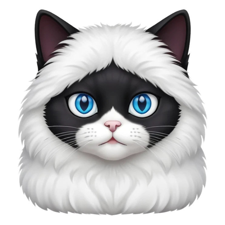black cat with blue eyes, fluffy, white chest and white face sticker
