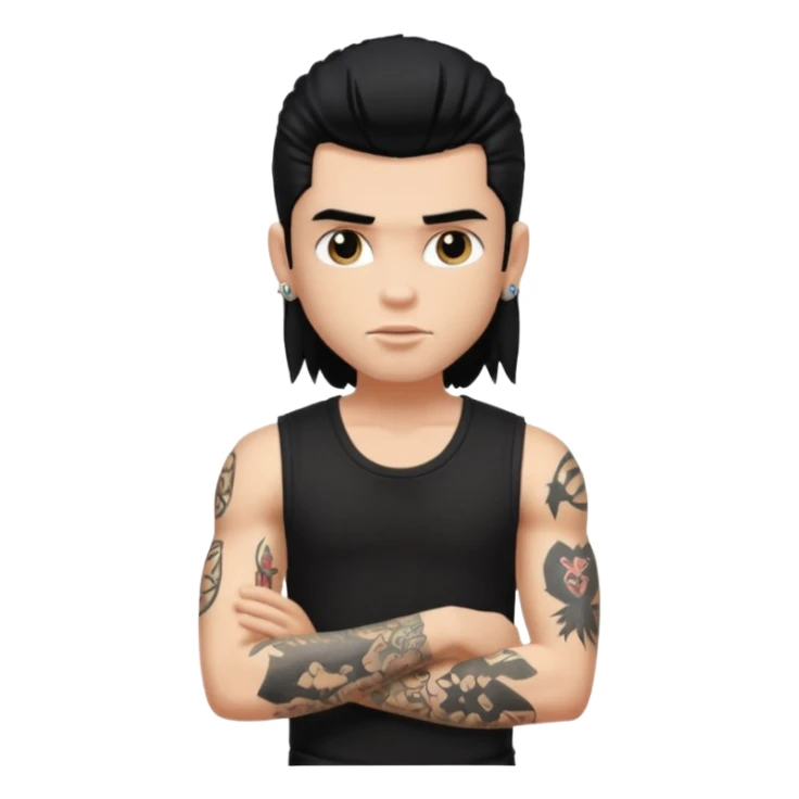 a pretty bratz guy with a black mullet and a sleeveless black top with tattoos on arm sticker