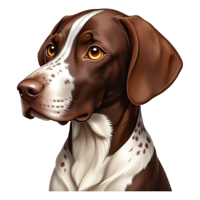 Cinematic German Pointer Portrait Emoji, Elegant and alert, sleek brown and white tones, Simplified yet sharp features, highly detailed, glowing with a warm, confident glow, high shine, intelligent and poised, stylized with an air of grace, focused and attentive, soft glowing outline, capturing the essence of agility and loyalty, so lifelike it feels as though it could spring into motion at any moment! sticker