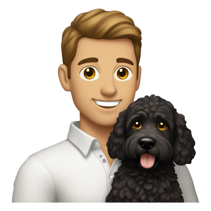 clean-shaven straight-haired brunette man holding black labradoodle sticker