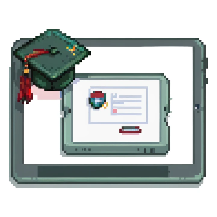 a graduation cap and diploma next to a tablet displaying an online course, pixel art style sticker