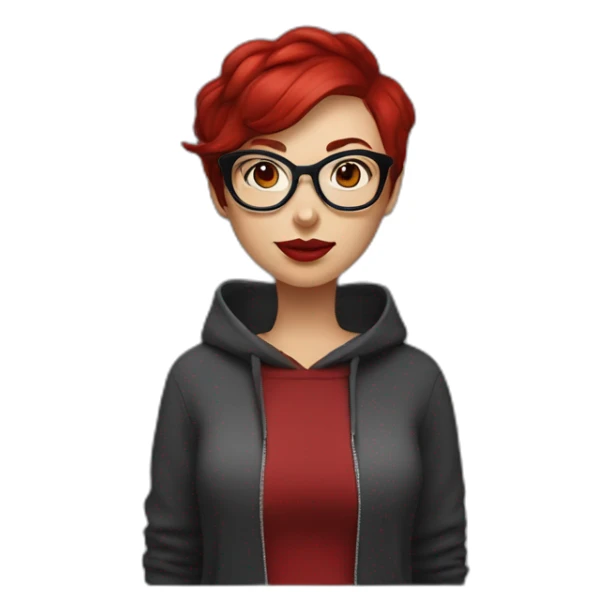 white woman with dark red pixie cut and big red glasses red lips wearing a dark red hoody sticker