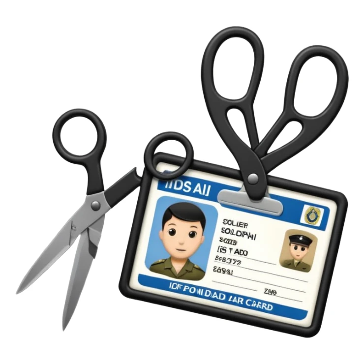 black Scissors cutting an idf soldier ID card in 2 parts .hyper realistic sticker