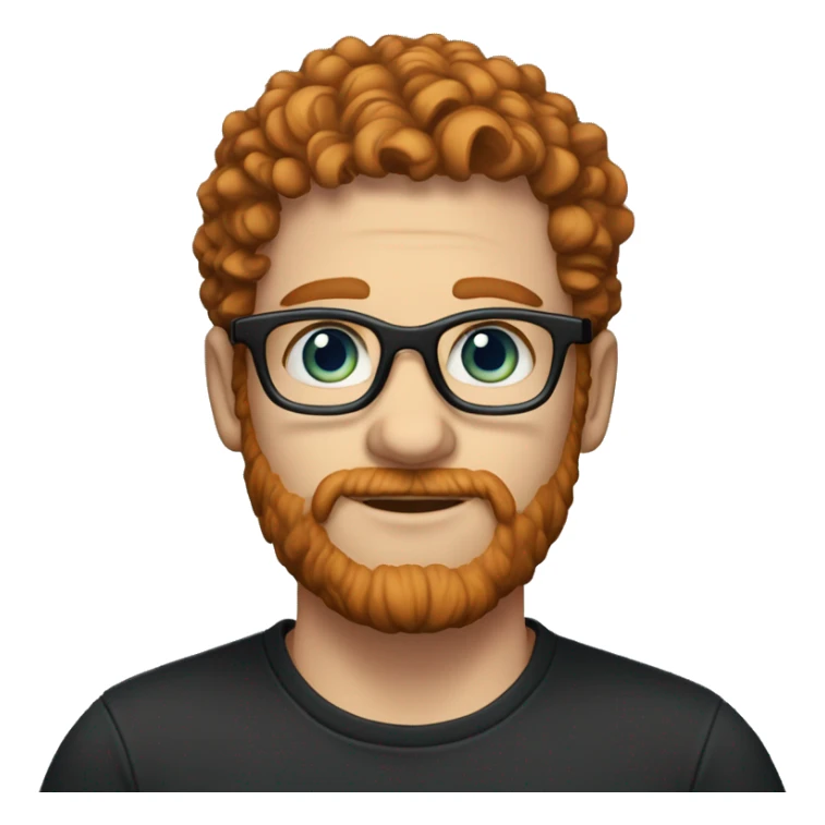 35 year old, male, short curly red hair, pale, thick beard, blue eyes, white glasses, black shirt sticker