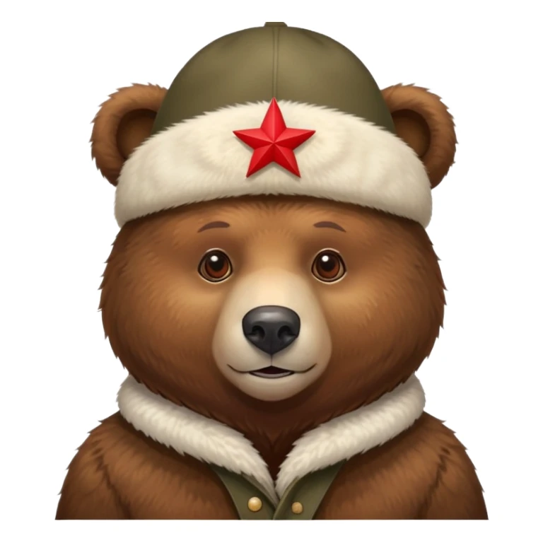 Brown bear wearing a traditional Russian ushanka hat with red star sticker
