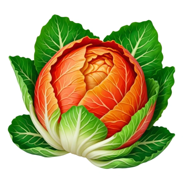 kimchi napa cabbage, all leaves fully coated in bright red chili paste, no green visible, round and simple, vivid colors, no face sticker