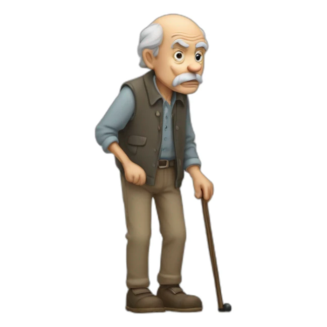 Old man leaning on a walking cane and holding his crancky back with his hand, grumpy face, detailed sticker