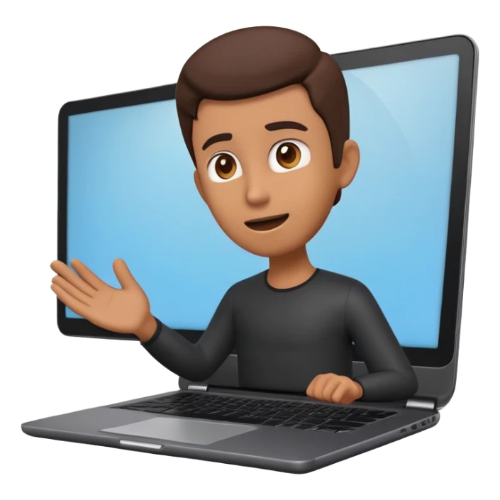 A dark-colored laptop with the screen open. From the screen, a person is emerging, giving a lecture or teaching. The person should look expressive and in a teaching pose. Soft shadows, semi-3D emoji style, clean background. sticker