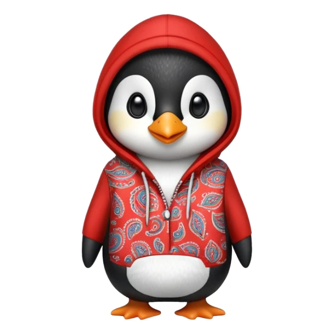 penguin wearing a red paisley pattern hoodie sticker