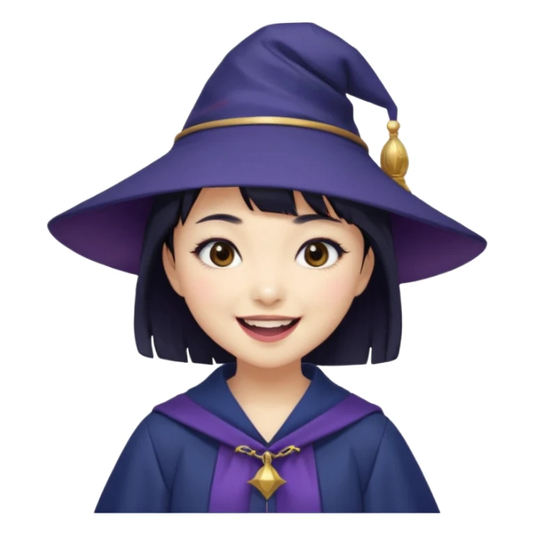An Asian short-haired girl with short raven hair and bangs, with heterochromia eyed, eyeliner, and laughs with teeth and her tiny fang of mauve-toned lipstick, wears a dark navy wizard hat with an emblem on it. sticker