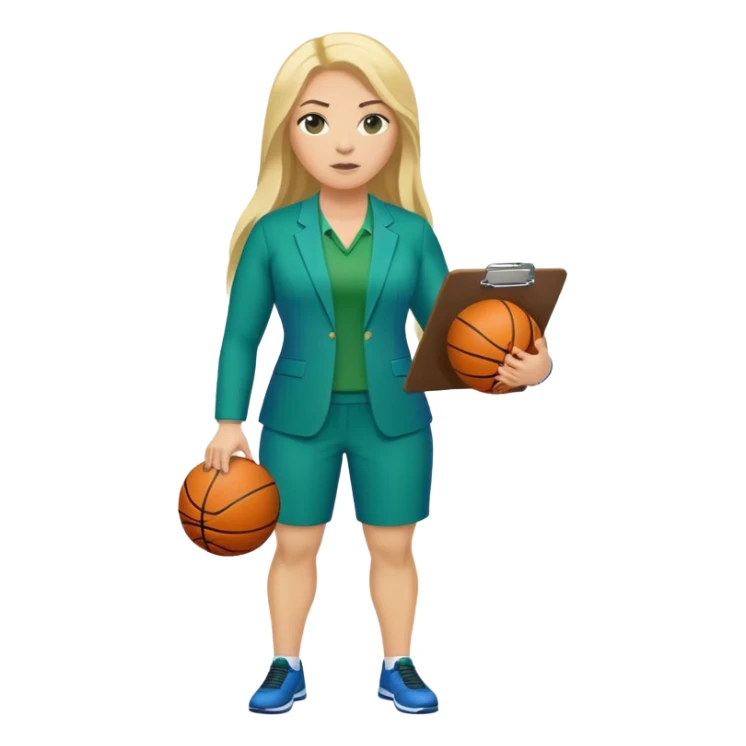 Full Body white plus size female basketball head coach using a clipboard with long blonde hair in a blue and green suit sticker