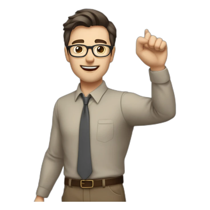 To belt Actively gesturing with hands Pale skinned fit man teacher with dark brown hair in gray jacket, beige office shirt, brown tie, brown pants and vintage glasses. sticker