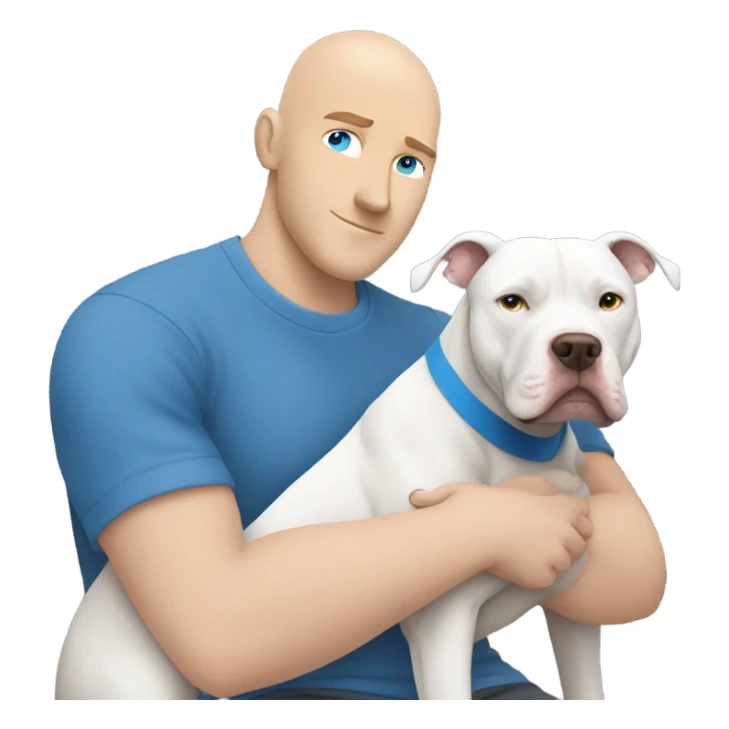 bald white man with blue eyes and blue tshirt Hugging large grey pit bull sticker