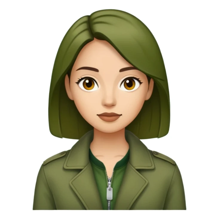 woman wearing dark olive green jacket over a lighter green top sticker