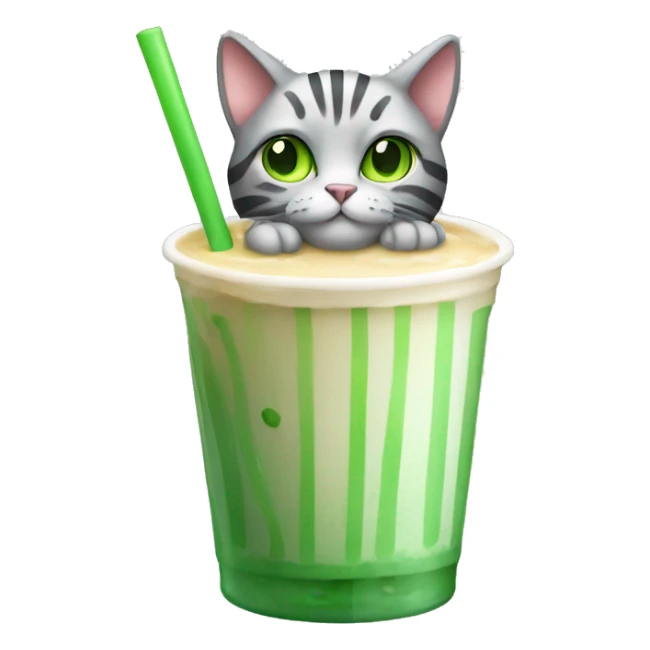 A striped grey cat with green eyes drinking boba sticker