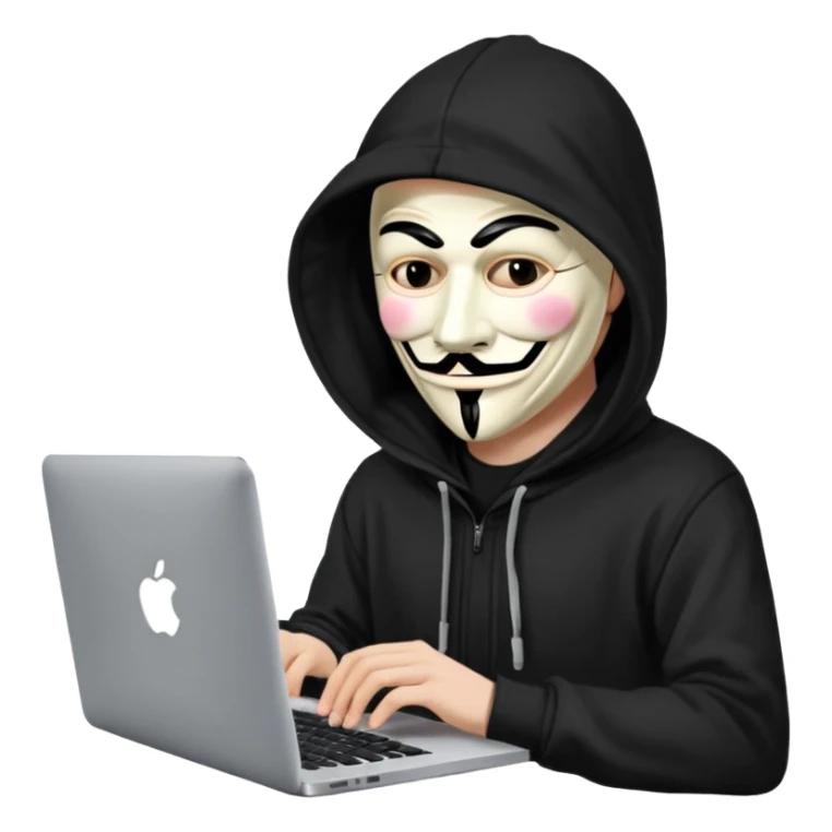 guy fawkes mask black hoodie typing on macbook sticker