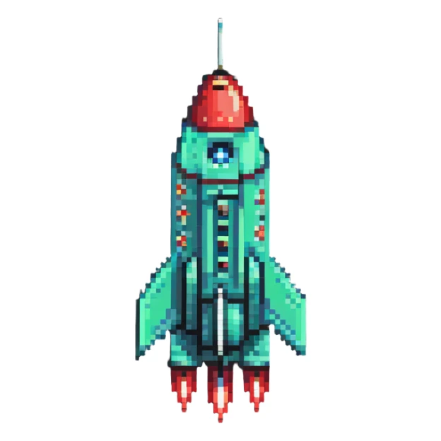 diagonal rocket flying to upper right, green body transitioning to red at the fins, pixel art style sticker