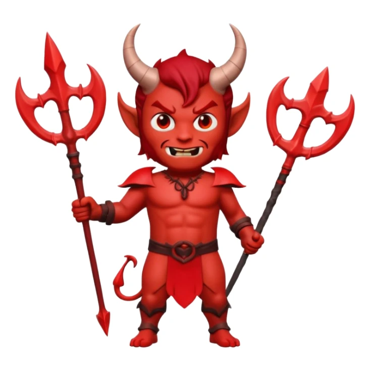 Full body shot 3D Memoji male devil, holding a three-pronged trident. Red skin, small horns, scary pose, solid background. sticker