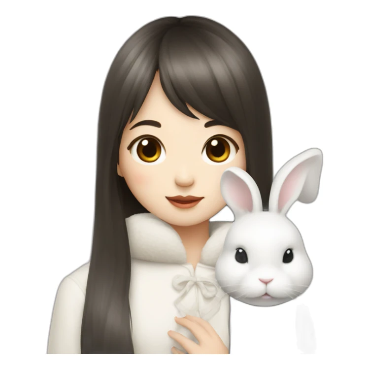 korean girl with long hair bangs holding white rabbit sticker