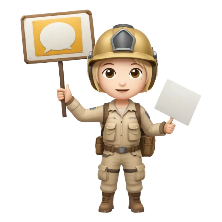 Create a cute emoji-style PUBG Mobile character, chibi version with helmet and backpack, standing in victory pose, holding a blank white sign or paper sheet in both hands in front of chest, ready for text, clean white background, simple emoji design” sticker