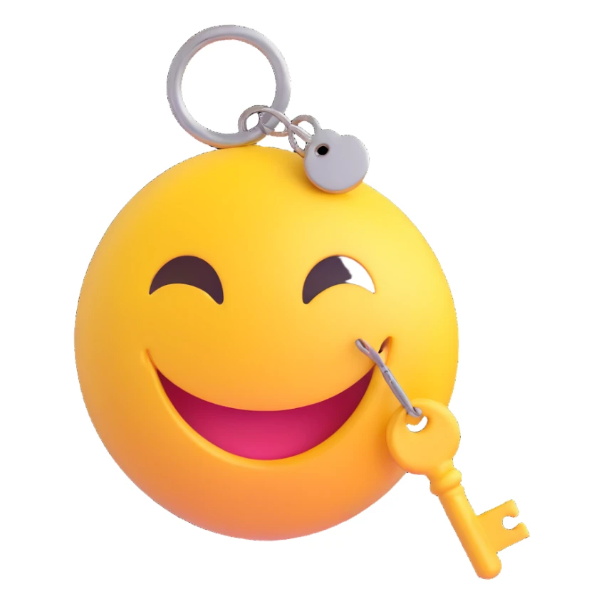 3D smiley emoji, round shape, lucky key, lucky face sticker