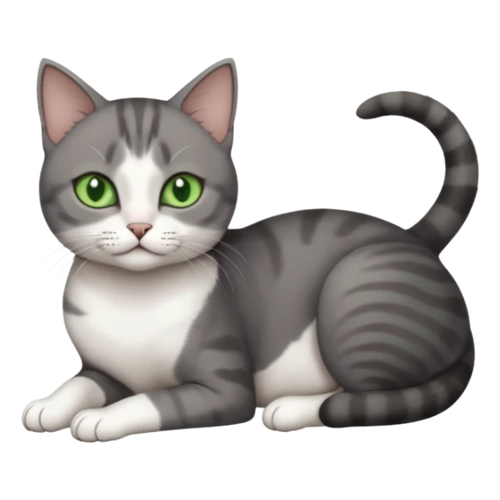 full body tiny short hair dark grey and white cat with white front legs and green  eyes lying down sticker