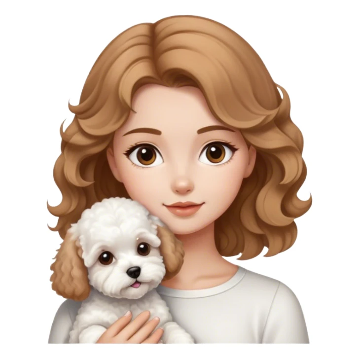 una chica con el cabello marrón claro ondulado y blanca con un perrito bichon maltes sticker