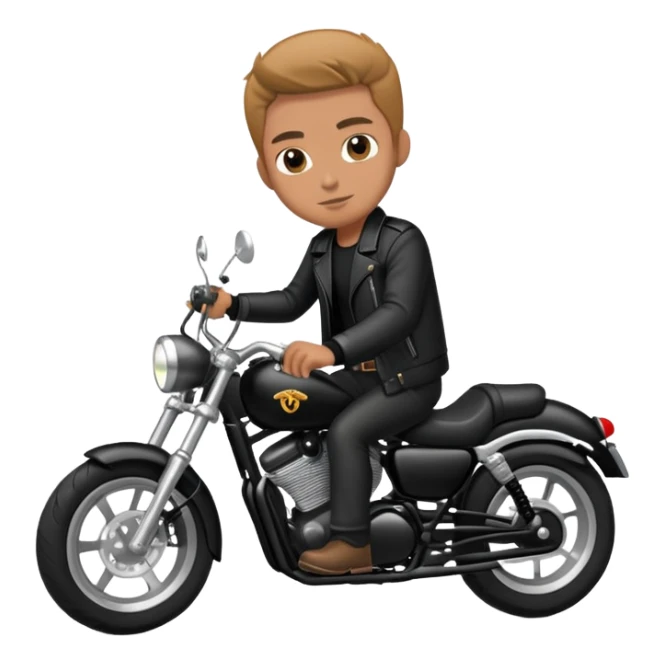 Hombre claro con chaqueta negra con moto negra marca custom sticker