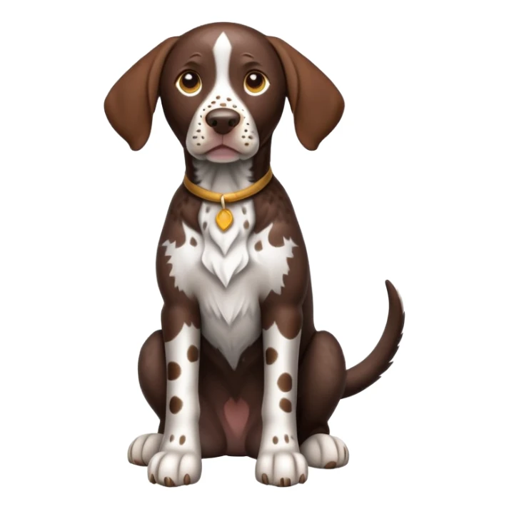 cinematic-[german pointer]-realistic-full-body-sitting-emoji,-tail-resting-loosely-beside-its-paws,-head-tilted-dramatically,-sleek-[brown and white spotten]-fur,-simplified-yet-realistic-focused-features,-highly-detailed,-glowing-with-an-almost-sarcastic-glow sticker