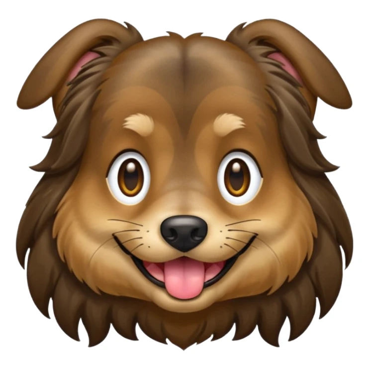 dog face with a long-haired brown and black brindle coat and light brownish gold eyes smiling with tongue hanging slightly out. sticker