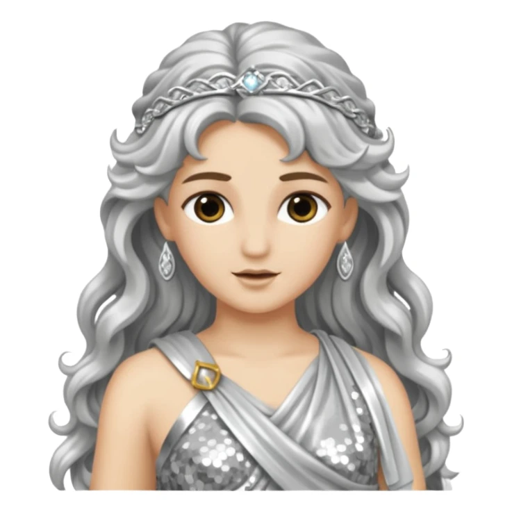 Diana from Roman Deities with long silver wavy hair, silver sequin toga sticker