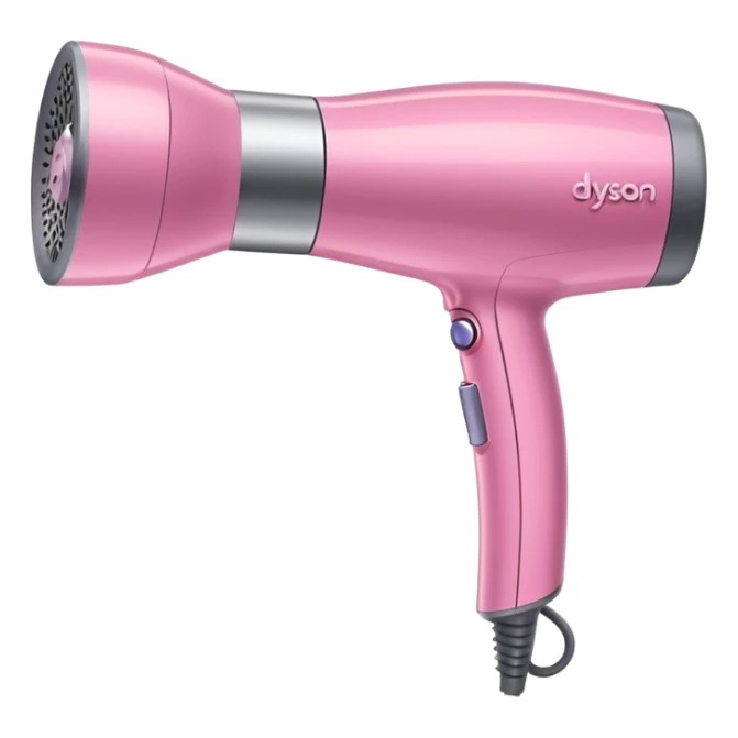 A pink Dyson Supersonic hair dryer, slight angle, realistic style, Features the distinctive hollow circular head with the barrel running through the center, sleek modern design, glossy pink finish with metallic silver accents on the nozzle ring. Compact proportions , clean lines, slight shading  sticker