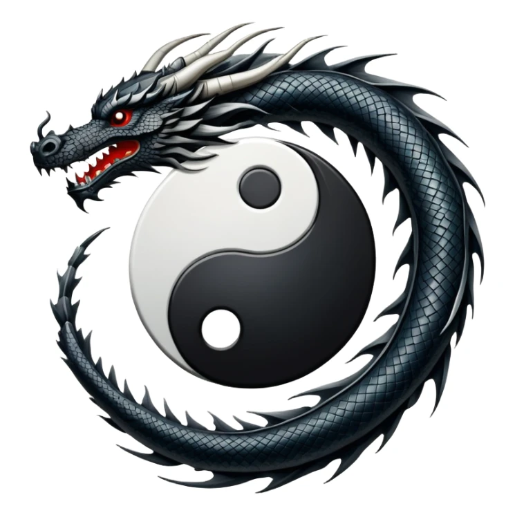 An icon symbolizing Eastern martial arts in the style of an emblem, featuring a black-and-white Yin-Yang symbol and a dragon at the center, surrounded by elements like a dojo. Transparent background highlights balance and power. sticker