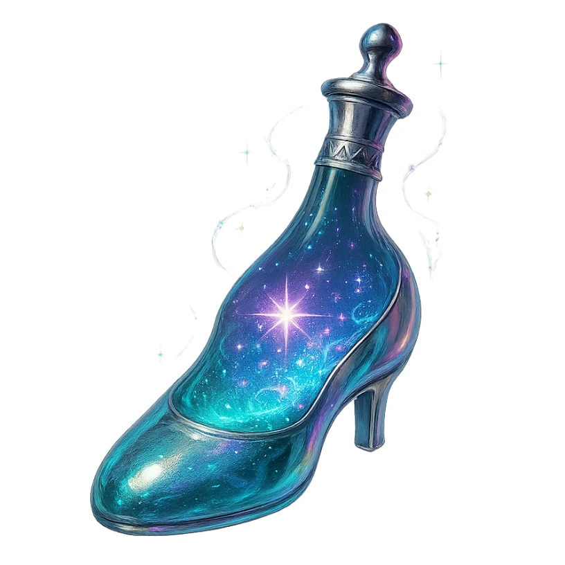 slipper-shaped luxurious elixir bottle, elegant color palette, iridescent and silver details, intense magical glowing and sparkling effects, very small neck, seamless bottom, transparent background, floating, no base or shadow, modern, matching a collection sticker