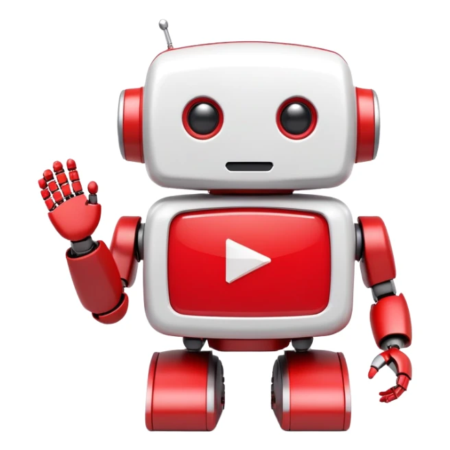 A cute 3D robot mascot icon with YouTube-style play button eyes and a speech bubble, red and white color scheme, friendly and approachable design, perfect for AI chat interface sticker
