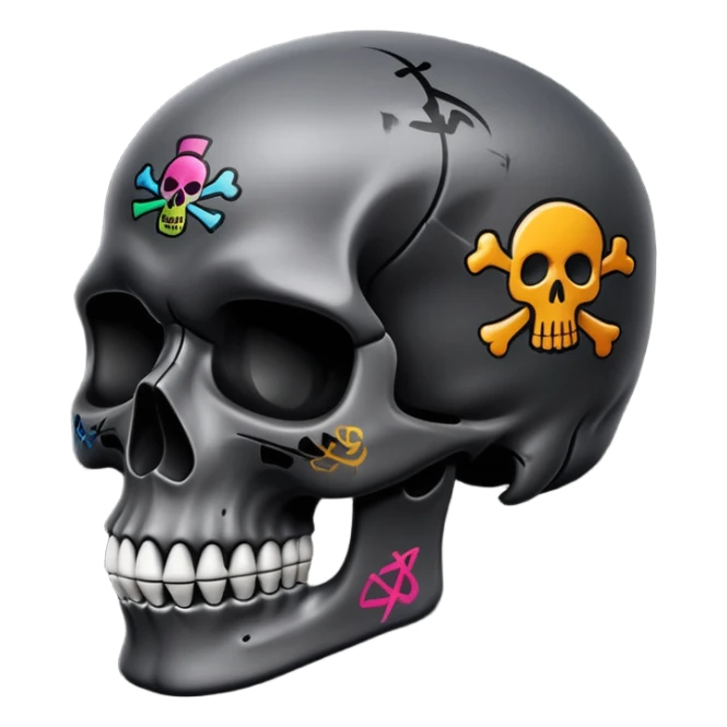 smooth black skull with graffiti brand logos, side view sticker