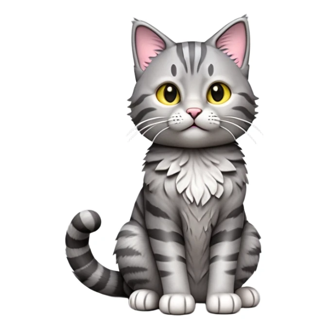 cinematic-[grey tabby cat]-realistic-full-body-sitting-emoji,-tail-curled-playfully-around-its-paws,-head-tilted-dramatically,-scruffy-[grey]-fur,-simplified-yet-realistic-focused-features,-highly-detailed,-glowing-with-an-almost-sarcastic-glow sticker