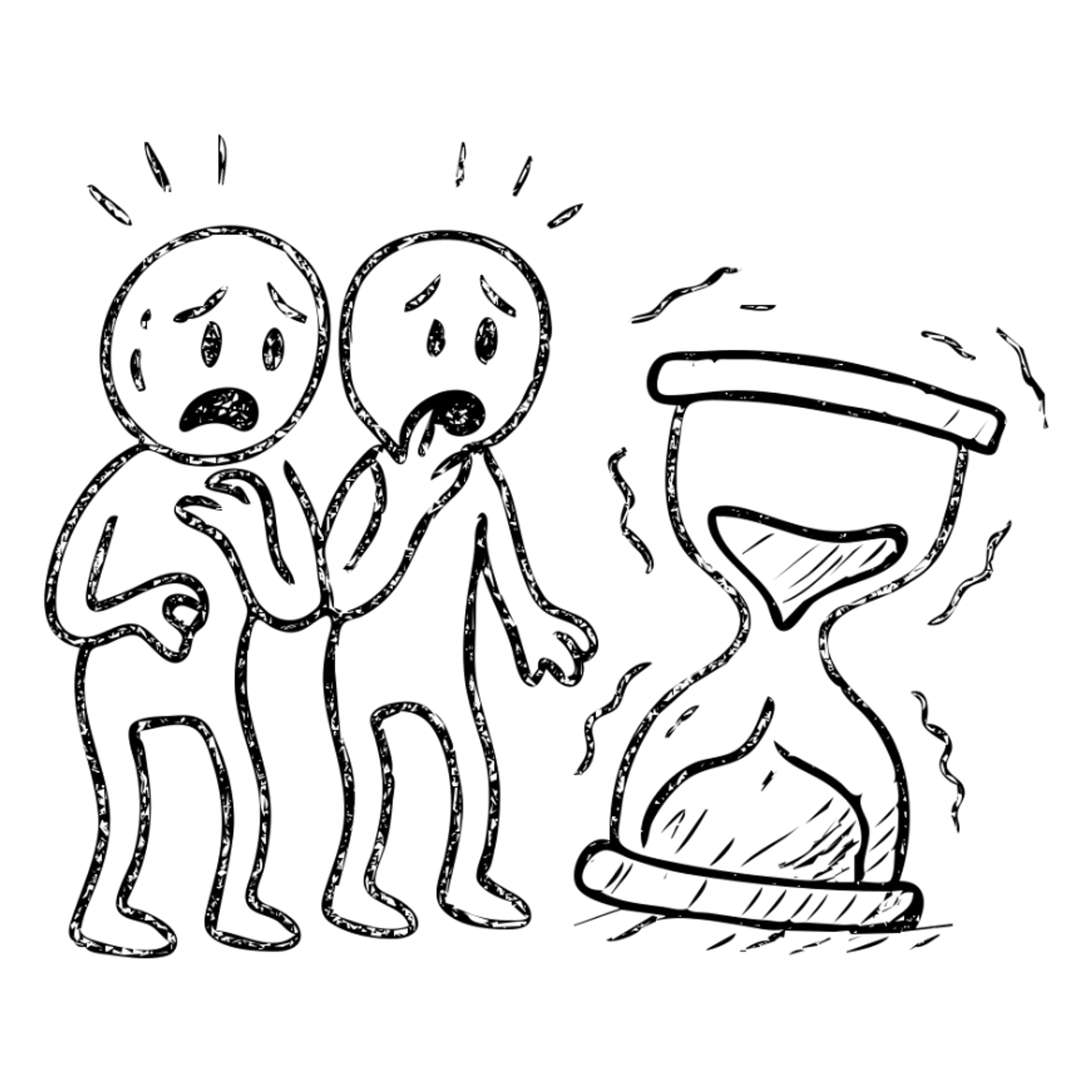ultra-minimalist hand-drawn outlined icon of two figures, trembling clock or hourglass, extremely worn and eroded texture, anxious and stressed expressions, sense of terror sticker