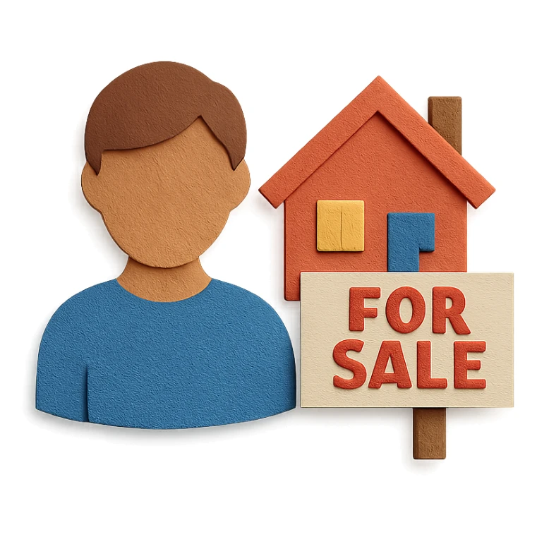 person and house with a for sale sign sticker