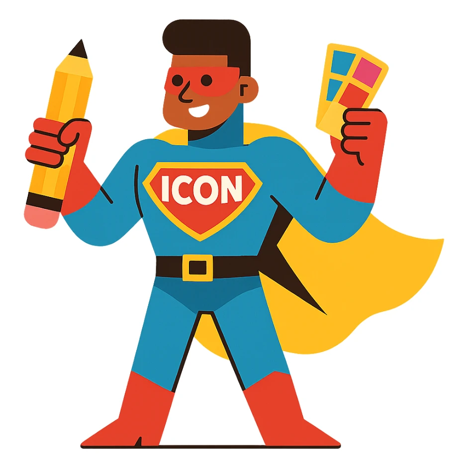 superhero character named Icon with a graphic designer theme sticker