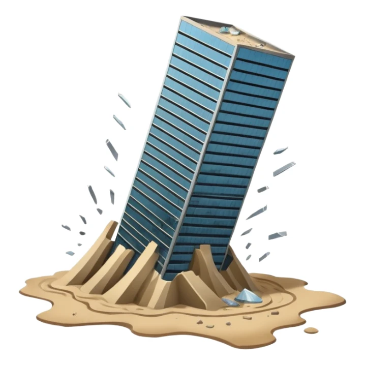 A skyscraper collapsing on quicksand, with floors breaking apart and falling out of the structure, glass and steel debris falling, realistic lighting, cinematic atmosphere, dramatic destruction, ultra detailed sticker
