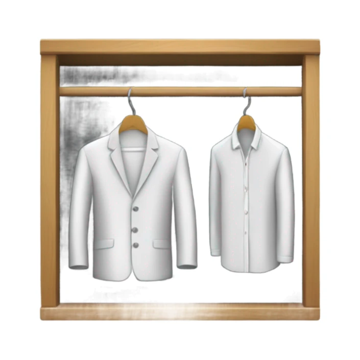 Design an emoji-style icon of an open wardrobe with clothes hanging inside. Include details like a wooden frame, hangers, and only black or white different clothing items such as shirts or any other clothing . Use a clean and minimalistic design. sticker