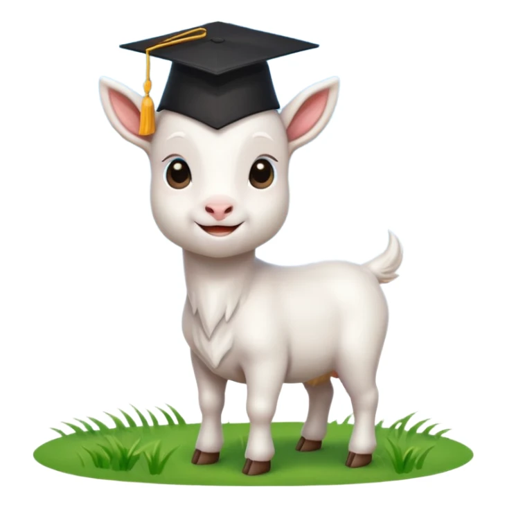 cute white goat emoji, wearing black graduation cap, standing on green grass, blue sky, proud and confident sticker