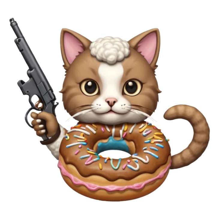 Cat with a sheep head pointing a gun at a donut sticker