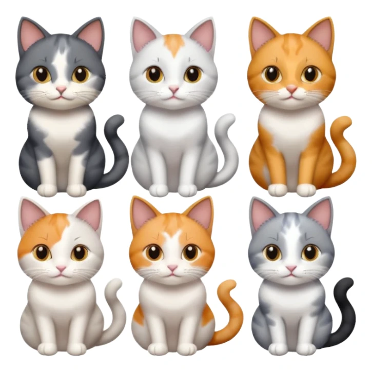 6 realistic looking cats with different natural coloured coats, assorted grey and white, greys, calicos etc
 sticker