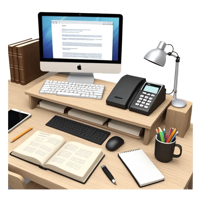 Computer on a desk with scattered books and notebooks and text "Ожидайте пользователь, делает все через AI" sticker