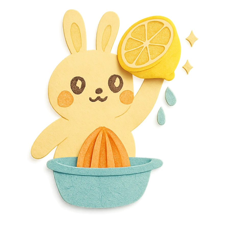 cute bunny-shaped citrus juicer, squeezing lemon, sparkling happy eyes, soft yellow, full-body sticker