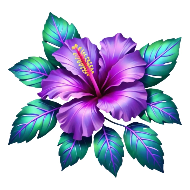 Lush Hibiscus bouquet. resolution of 5000x5800 pixels. transparent background. The design should emphasize clean, thin, and smooth lines to enhance the visual appeal. Hibiscus flowers should be depicted in purple iridescent, holographic, hues. Surround the flowers with realistic leaves, 8k sticker
