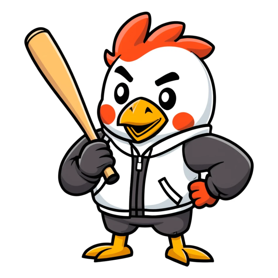 Character with a hen mask holding a baseball bat and a jacket with a B on the left side  sticker
